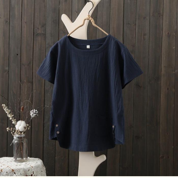 Neues Sommer Baumwoll- und Leinenimitat Fat MM Übergröße Lässig Schlicht Retro Einfarbig Locker Kurzarm T-Shirt für Damen