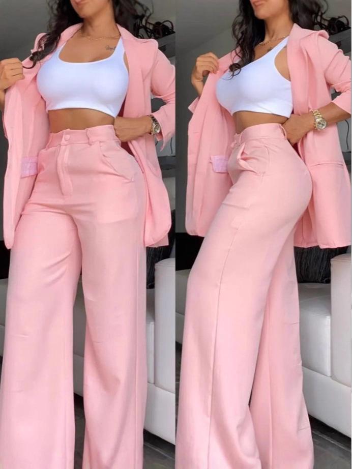 2026 Summer Elegant Women's Solid Color Split Sleeve Suit with Straight Leg Pants