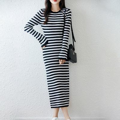 Women Sweater Dress 100% Wool O-neck Striped Knit Long Pullover Winter Jumpers Wool Long Dress Female