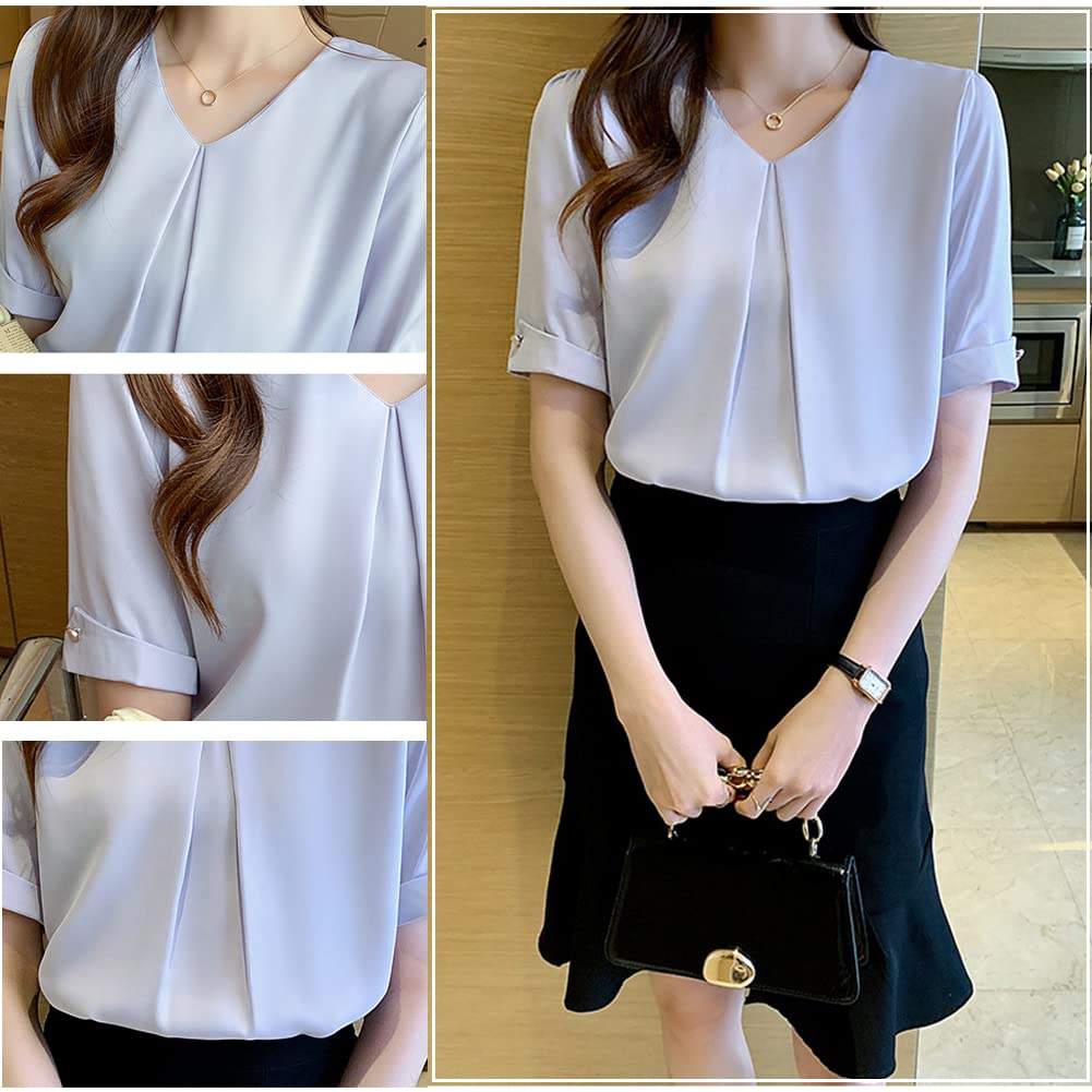 Fashion Blouse Office White Short Sleeve Shirt White Blouse Loose Fit Neat Plain Casual Office Wear Summer OL Commuting Blue L [Bolan Verl] Women's