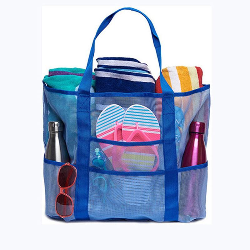 Summer Large Capacity Mesh Beach Bag For Towels 8 Pockets Durable Beach Bag For Toys Waterproof Underwear Pocket Beach Tote Bag