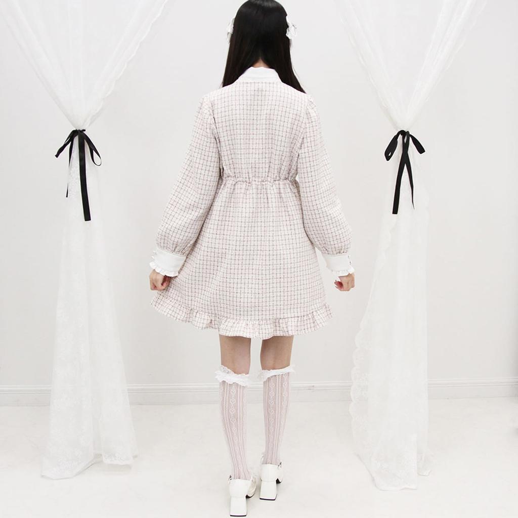 Dear My Love Casual Bow Tie Tweed Dress in Pink and White Women's