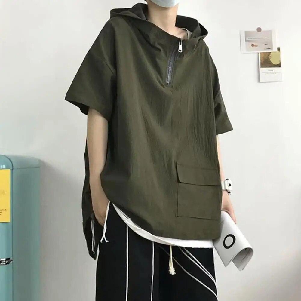 

Men s Short Sleeve Hooded Sweatshirt Loose Zipper Zipper Pocket Hooded Summer Pullover 3XL