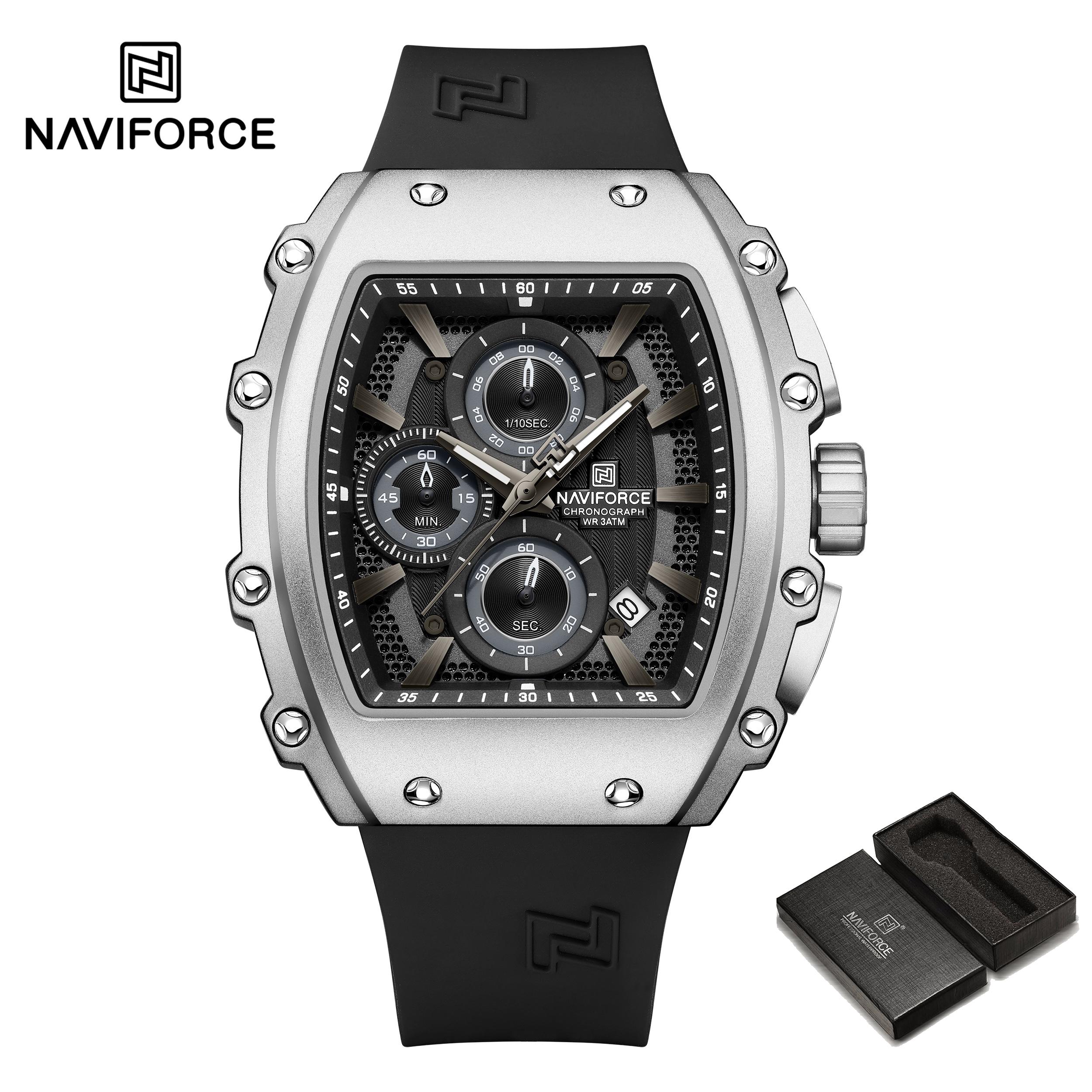 Мужские часы-хронограф NAVIFORCE Кварцевый механизм Водонепроницаемые Светящиеся стрелки Спортивные Модные Мужские Часы NF8070 чёрный/серебряный