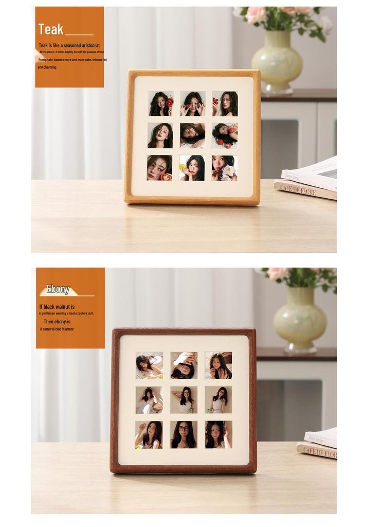 Solid Wood 9-Grid Black Walnut Photo Frame with Mortise and Tenon Round Corners for Desktop Display or Wall Decoration.