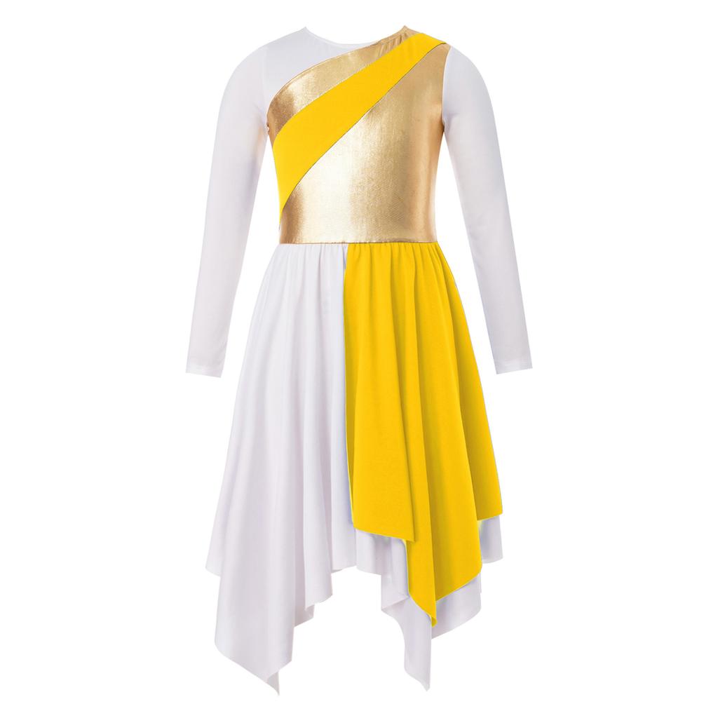 Crianças meninas manga longa brilhante metálico louvor túnica assimétrica vestido lírico traje de dança contemporânea
