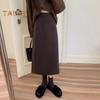Women A-Line Skirt Elastic High Waist Solid Color Retro Slit Skirt Solid Autumn Winter Slimming Skirt