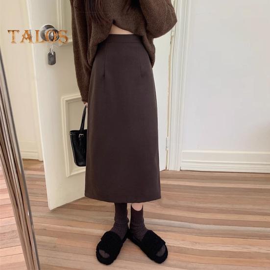 Women A-Line Skirt Elastic High Waist Solid Color Retro Slit Skirt Solid Autumn Winter Slimming Skirt
