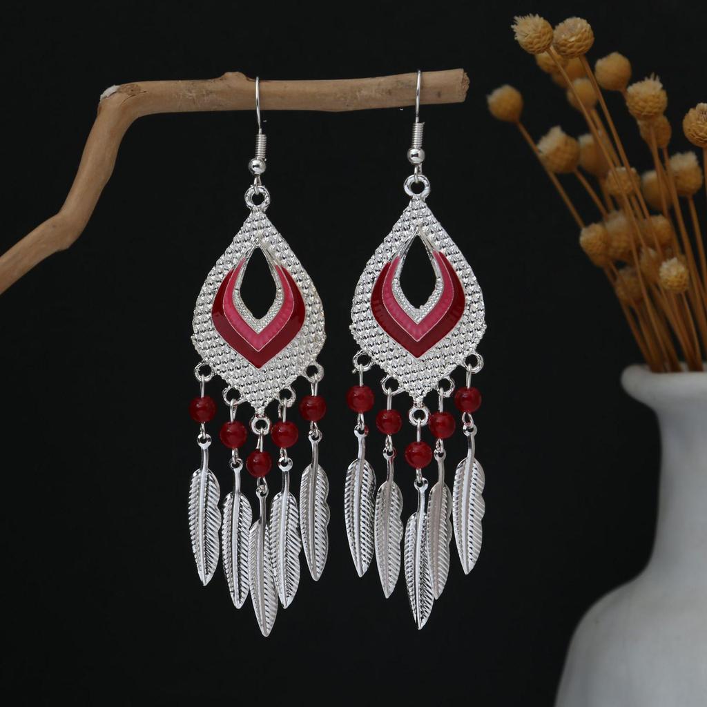 Personalized Bohemian Miao Silver Geometric Tassel Earrings