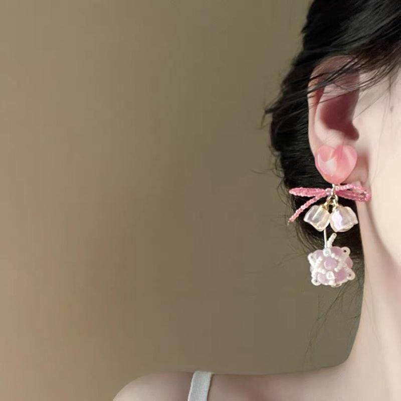 Sommer Pink Pfirsich Herz Kirsche Ohrringe Perlen Maiglöckchen Katzenaugen Perlenohrringe Süßes Temperament Ohrringe Eleganter Schmuck