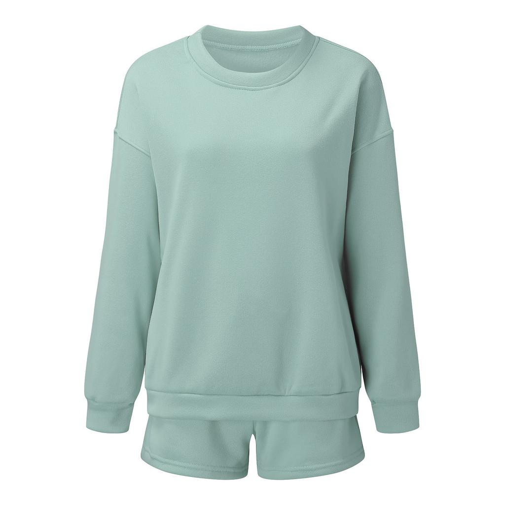 Women's Comfortable Casual Fashionable Solid Color Round Neck Sweatshirt Shorts Two-piece Set