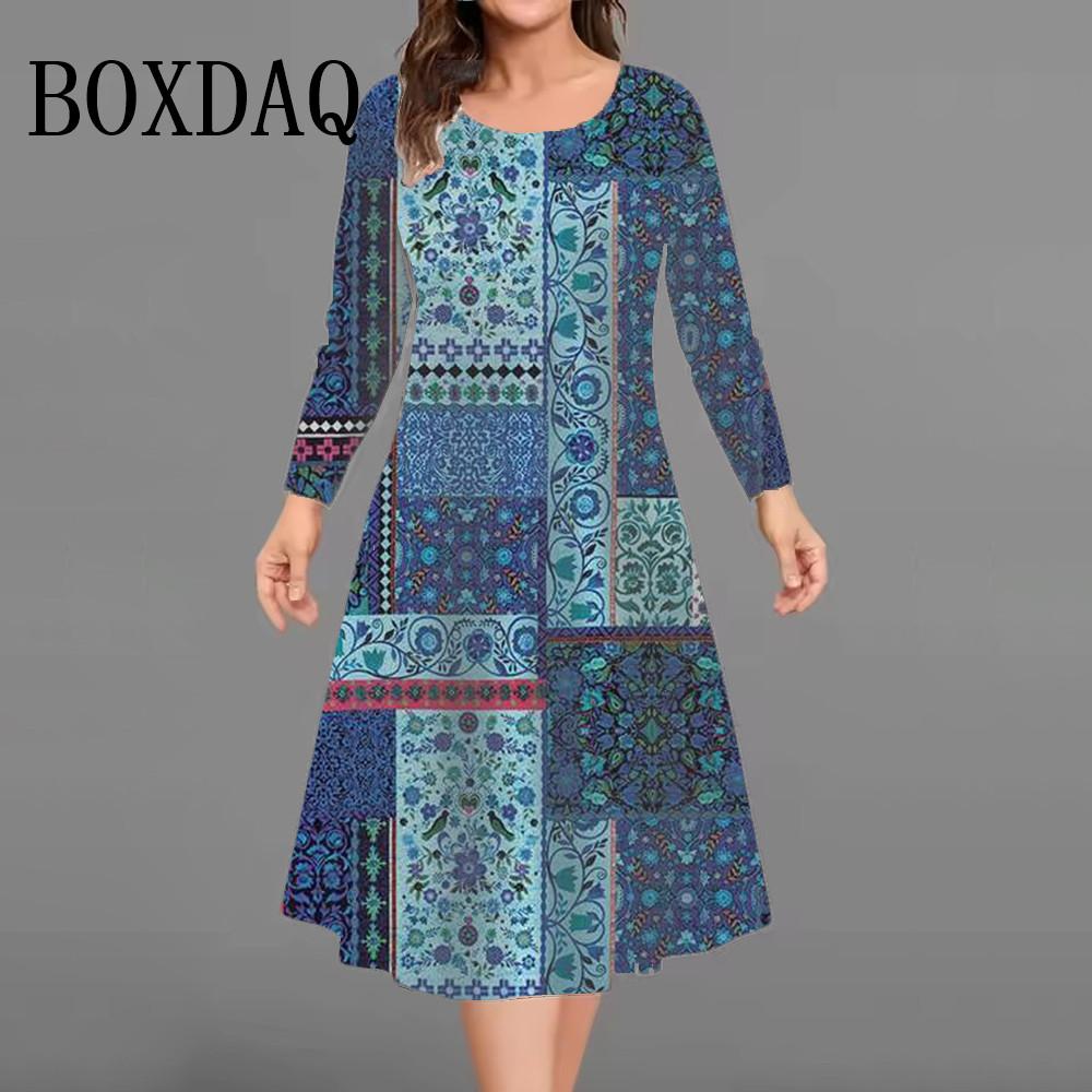 Vintage Flowers Pattern Dresses For Women Autumn Fashion Plus Size 3D Print Long Sleeve Dress Casual Female Loose Clothing