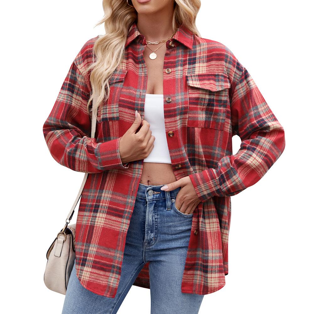 Women S Loose Casual Plaid Pocket Long Sleeve Shirt