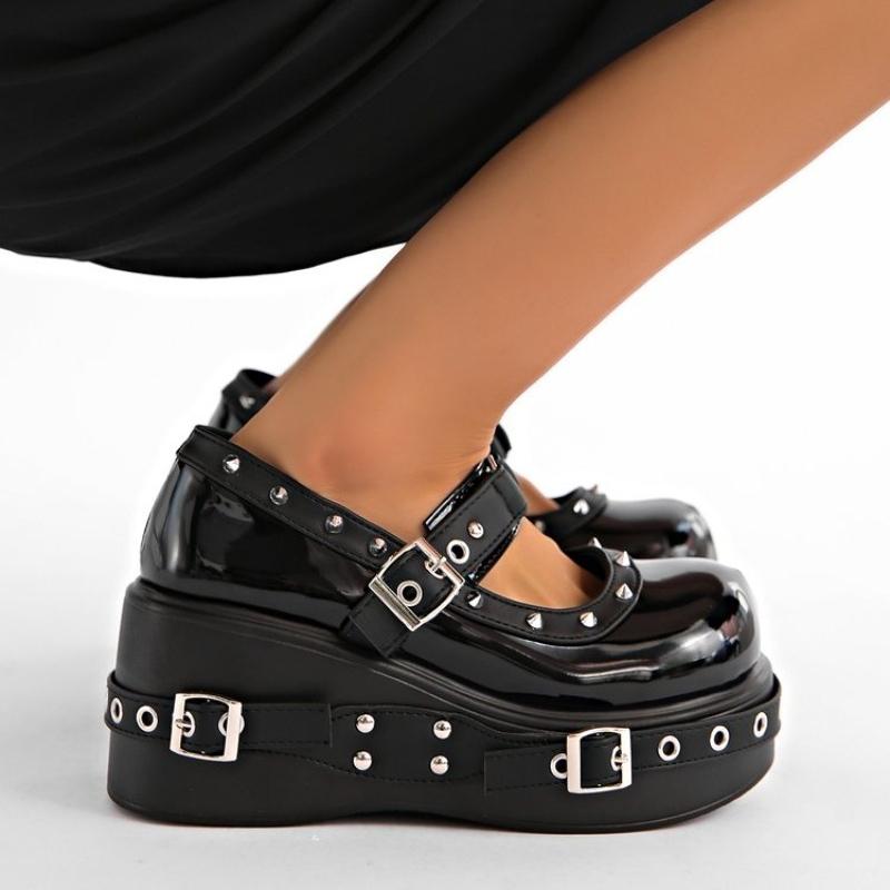 Punk Platform Mary Jane Shoe for Women Black Patent Leather Wedge Heel Loafers Woman Thick Sole Rivet Buckle Gothic Lolita Shoes