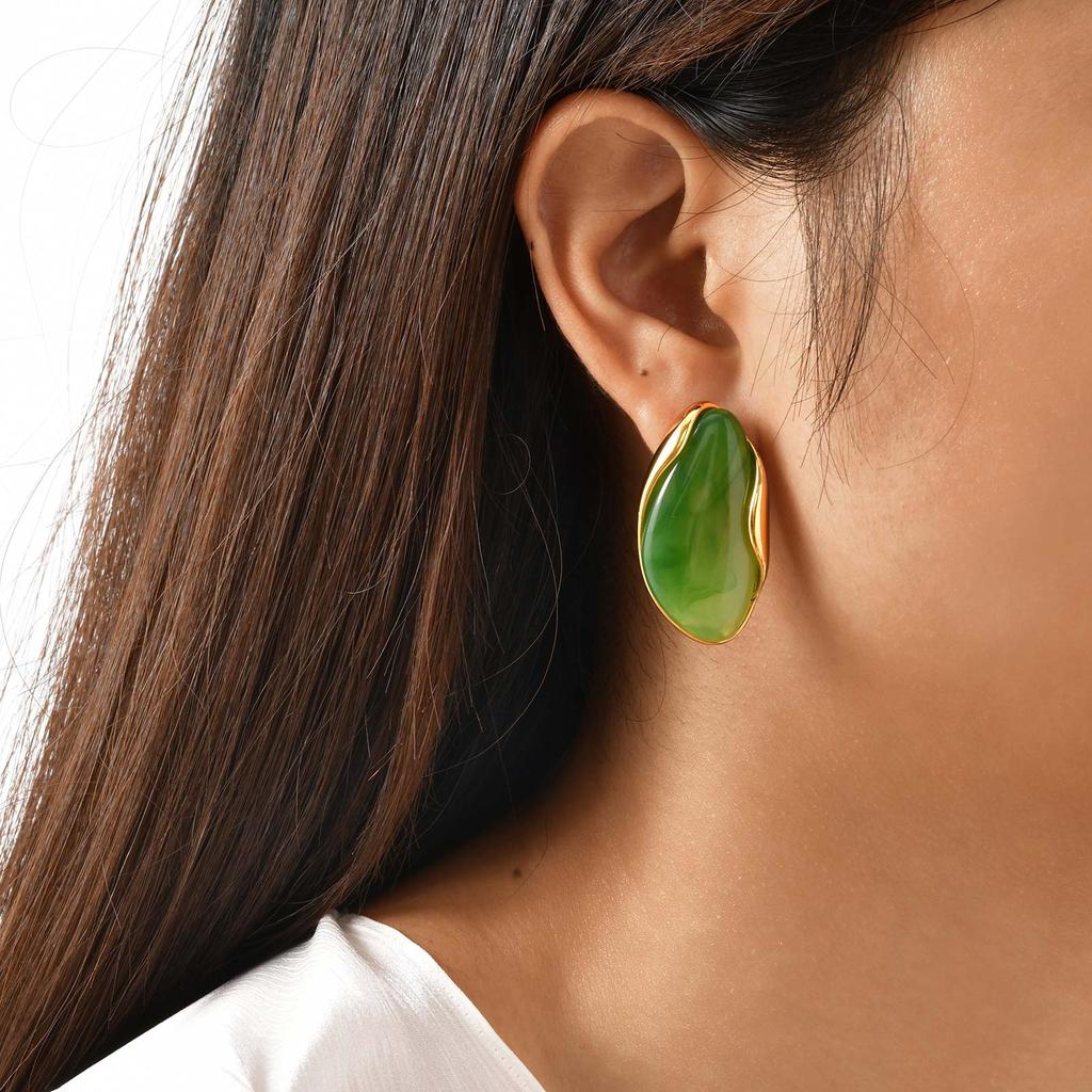 Retro Irregular Geometric Resin Stud Earrings for Women,Gold Plated Stainless Steel New Design Earrings,Fashion Jewelry Gift