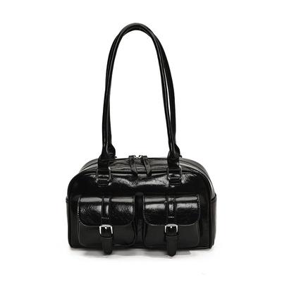 Harujio Mini Boston Bag, Horizontal Bag, Women's Shoulder Bag, Double Pocket Tote Bag, Small Horizontal Boston Bag, Wide, Trendy, Stylish, Cute,