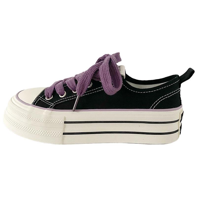 Dikke Bodem Canvas Schoenen Dames Ronde Neus Platte Veters Dubbele Band Veelzijdig Dunne Zool Board Schoenen Ademend Laag Uitgesneden Casual