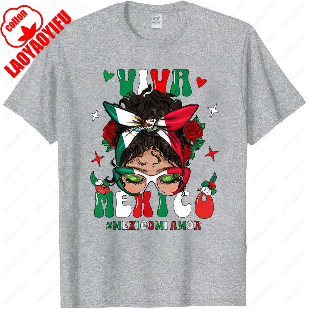 Viva Mexico Messy Bun High Quality TShirt Mexican Girl Hair Flag Graphic Women Clothes Mexico Pride Shirt ONeck ShortSleeve