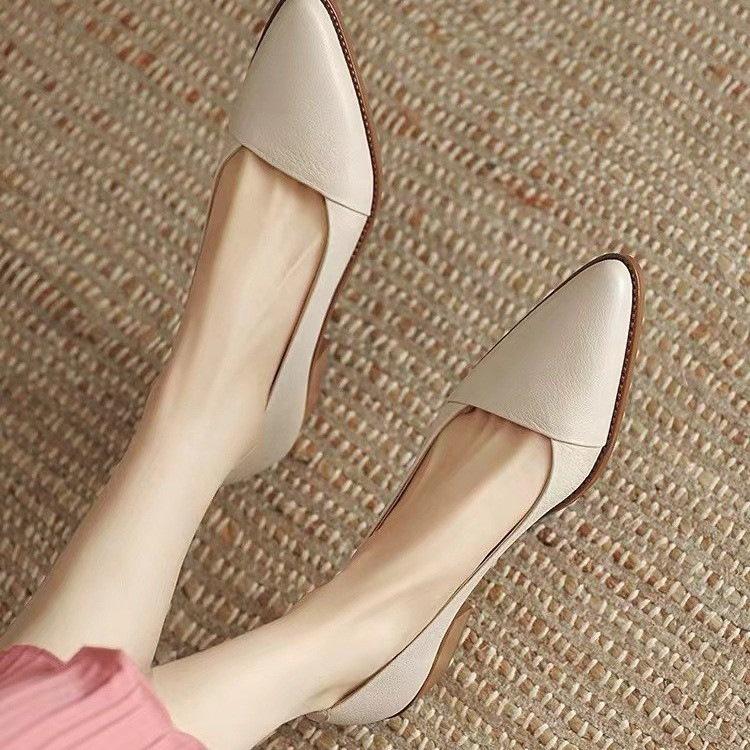 Versatile Vintage Chunky Heel Women's New Style Pointed-toe Open-toe Leather Shoes Devotion
