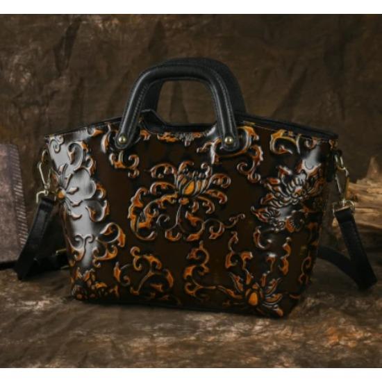Vintage Chinese Rubbing-Off Color Technique Genuine Leather Women'S Bags Embossed Women'S Bags Leather Bags Premium
