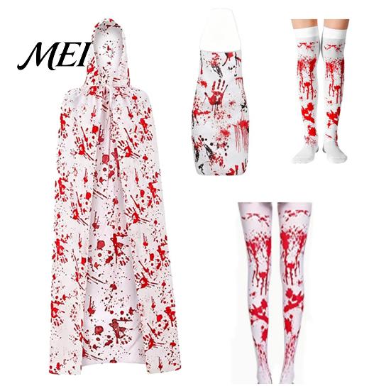 Zombie Party Dress with Blood Stains Halloween Print Costume for Women, Scary Apron, Hooded Horror Scene Photo Prop Cloak, Stockings Outfits