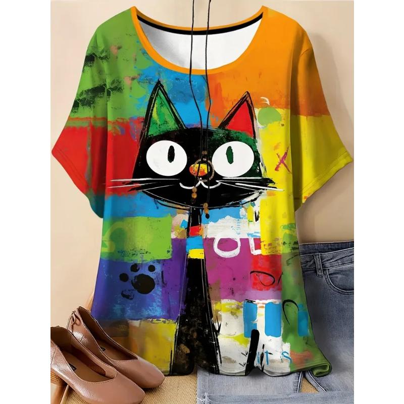 Fashion Women s Crew Neck Short Sleeve Crew Neck T-Shirt 3D Animal Color Printing XS
