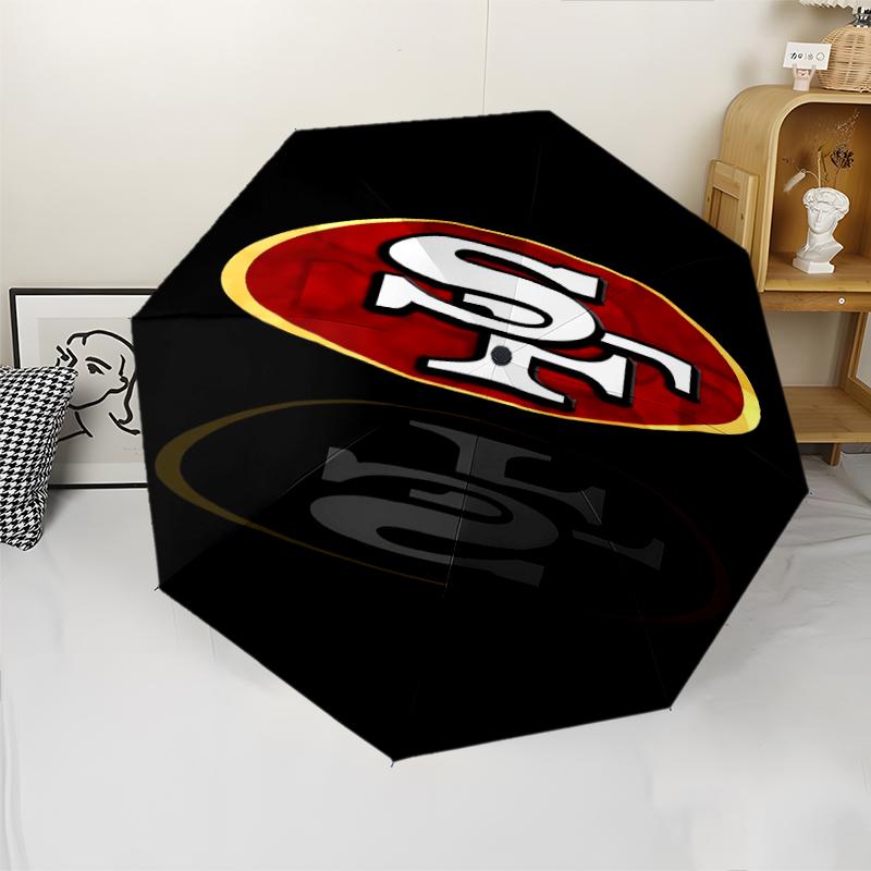 San Francisco 49ers LOGO Print Automatic Umbrella, 8 Rib Iron Frame, Plastic Handle, Suitable for Outdoor Travel &Daily , Ideal Gift