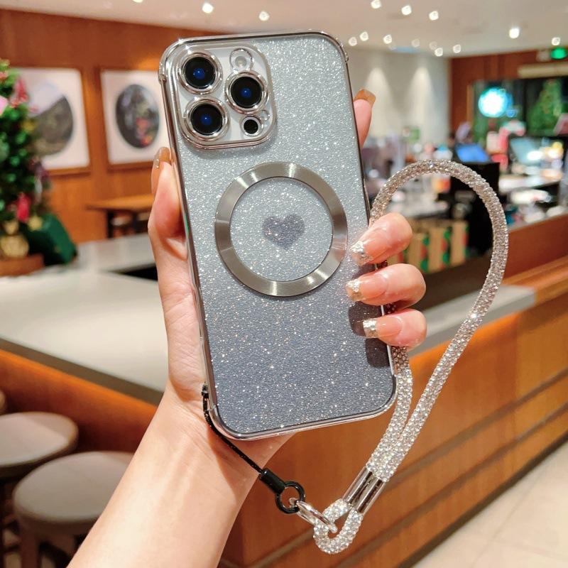 Applicable to Apple 11Promax love glitter mobile phone case 11Pro magnetic suction 11 electroplating transparent 11 portable rope female
