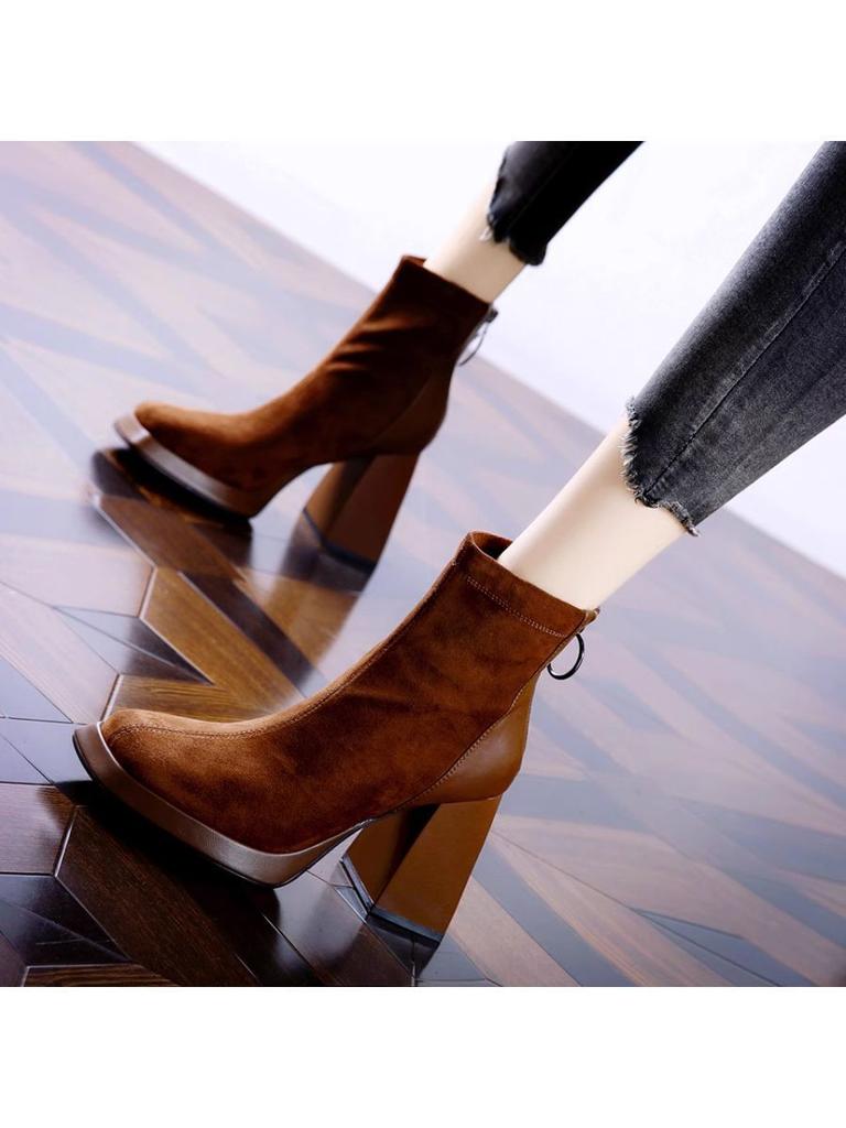 Suede Matte Square Head High-heeled Boots Women's Martin Boots 2025 Autumn and Winter New Waterproof Platform Thick-soled Heightened Thick-heeled