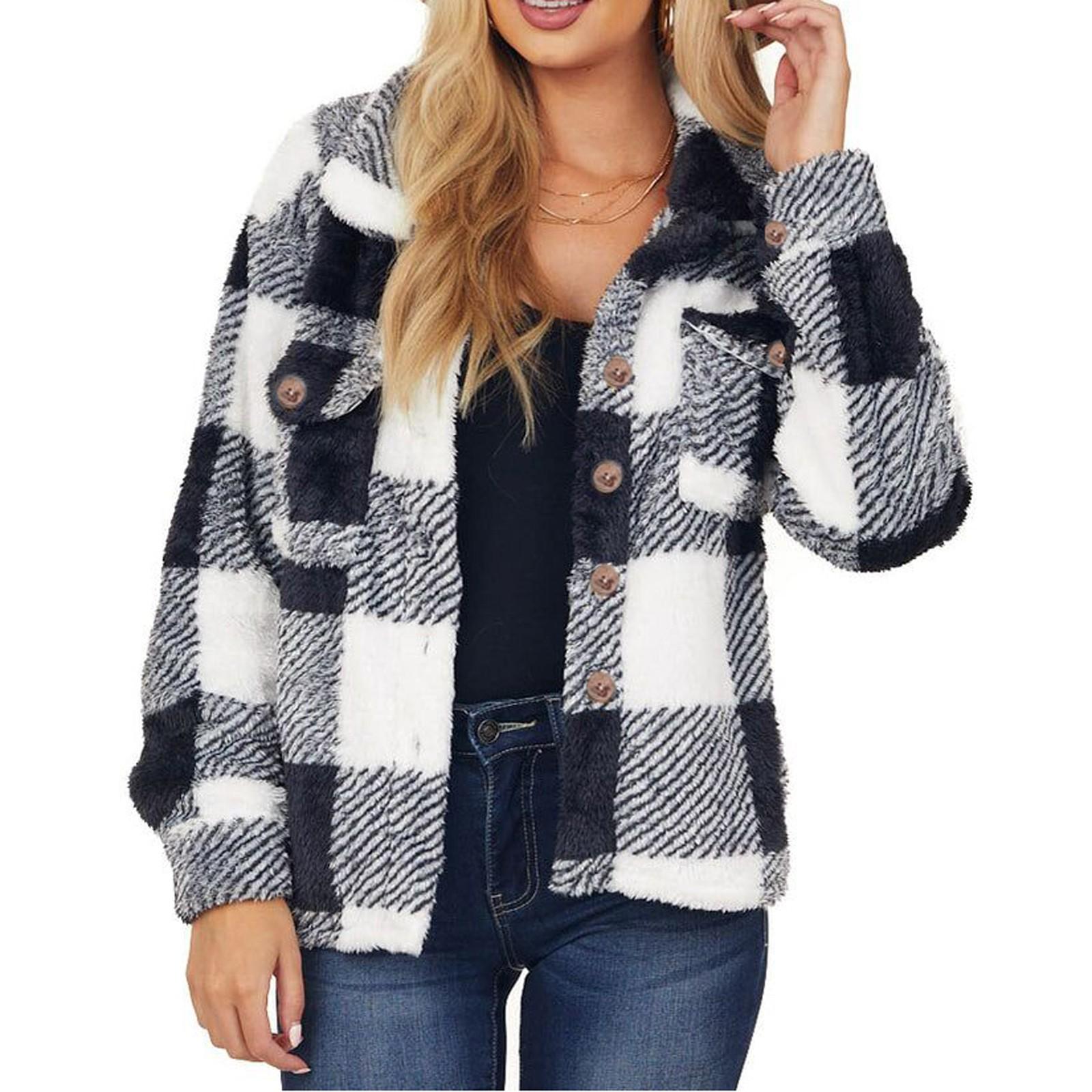 

Women s Fashion Casual Single Breasted Loose Patchwork Color Plaid Long Sleeve Coat L чорний