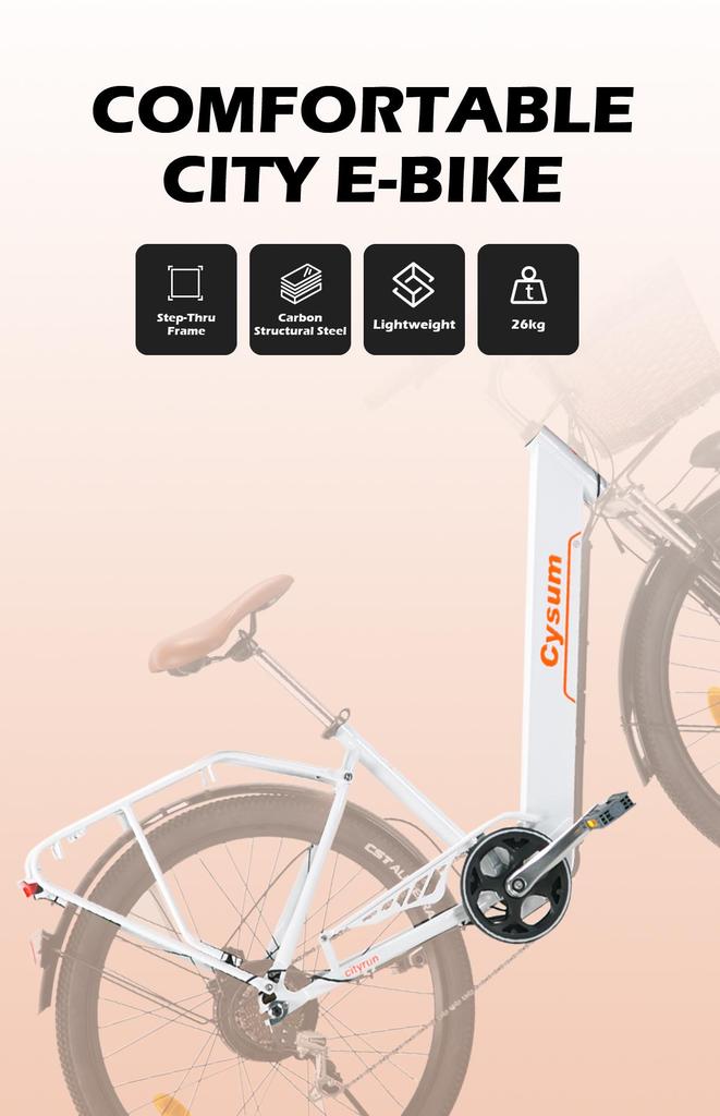 Cysum Cityrun Electric City Bike 26-Inch Tire 250W Motor 36V10Ah Built-in Battery 60–80 Km Max Range Shimano 7-Speed