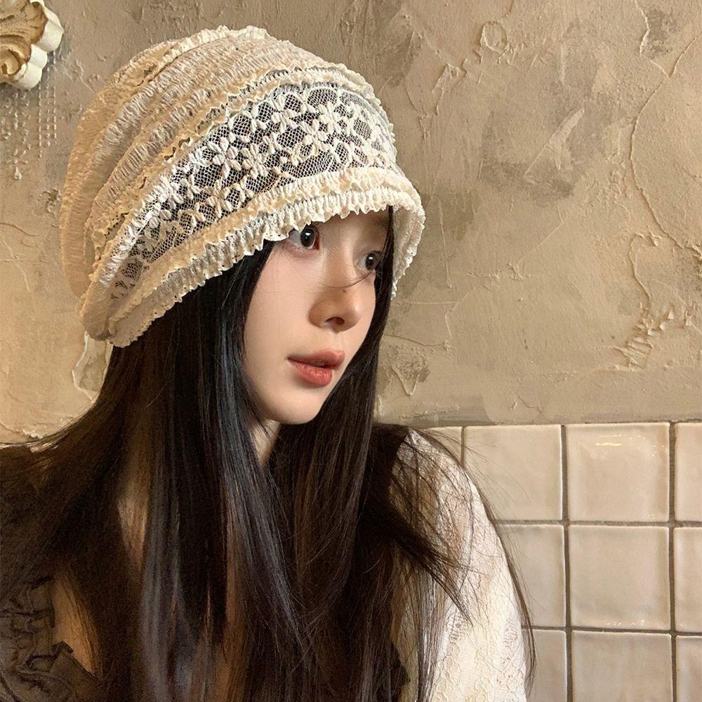 Breathable Beanies Hat Y2k Flower Cap Cute Embroidered Lace Hat  Apparel Accessories