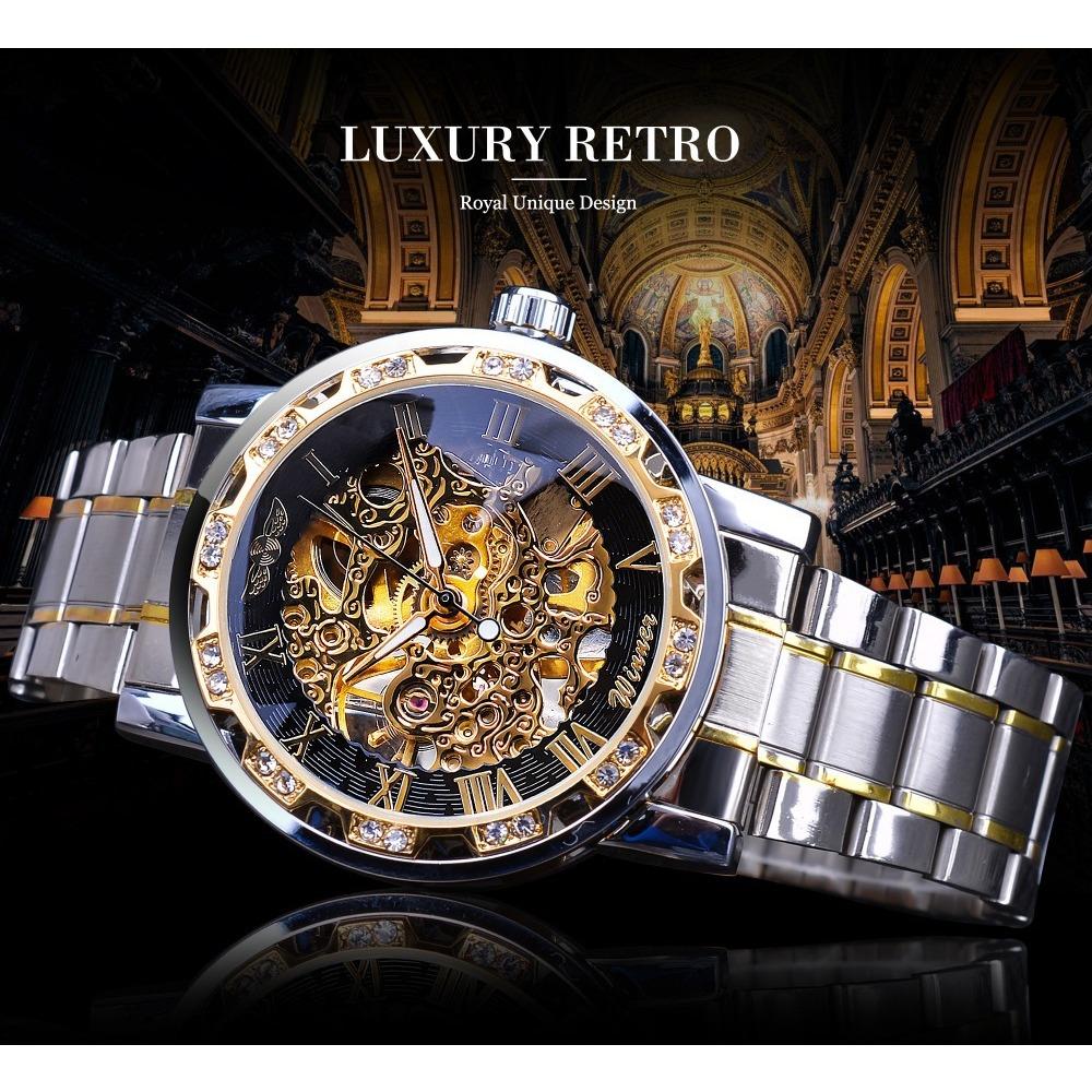 WINNER Watch Men's Fashion Casual Classic Popular Hollow Rhinestone Manual Mechanical Watch S1089-2-W