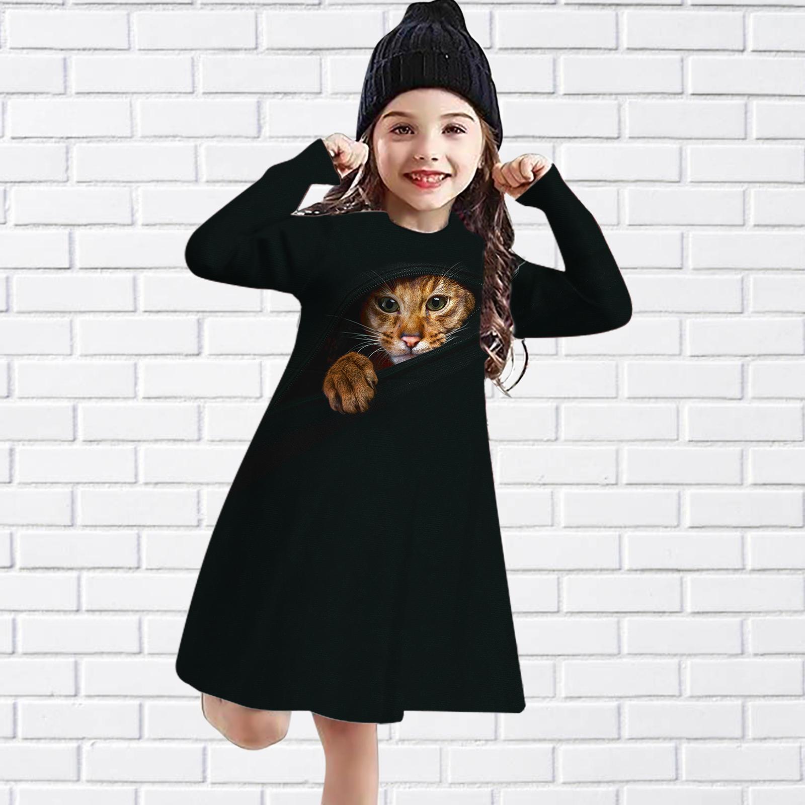 

Сукня для дівчинки, весняна повсякденна сукня, коротка вільна сукня з повним рукавом, кошеня, 3D-принт, модна дитяча сукня, дитяча спідниця 180 чорний