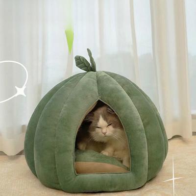 Blattförmiges Kürbis-Katzennest Winterwarmes Halboffenes Katzenbett Abnehmbar und Waschbar Vier-Jahreszeiten Universelles Haustiernest Katzenzubehör
