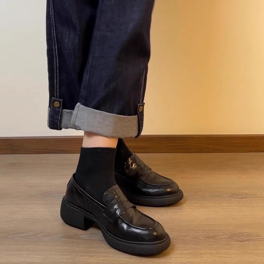 Sheepskin version~ British style platform loafers women's one-pedal lazy shoes versatile single shoes college style jk uniform shoes