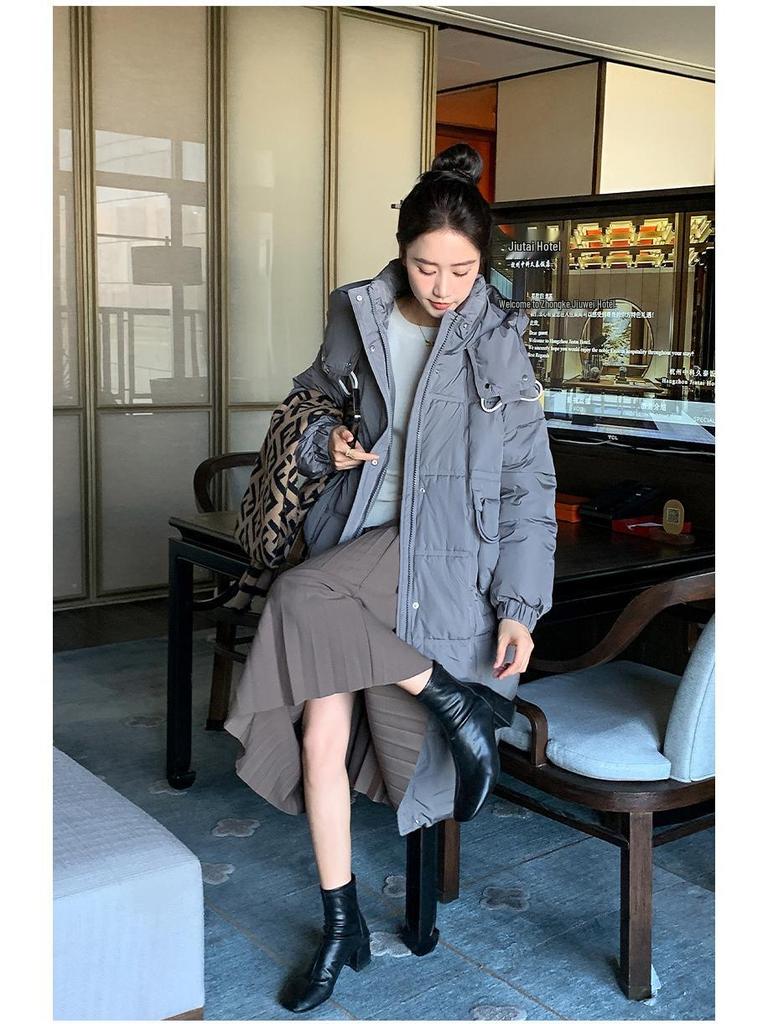 Women's Hooded Mid-Length Down Cotton Jacket - 2024 Autumn/Winter Korean Style Plus Size Fashionable Loose Fit Coat