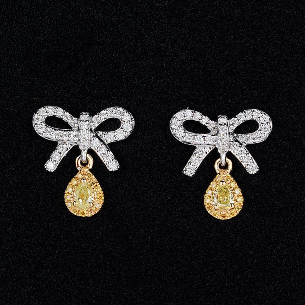 Elegant Bow Pink Diamond Earrings with Pear Shaped Yellow Zircon Drops for Women
