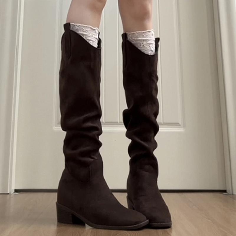 

Высокие сапоги женские на среднем каблуке замшевые ботфорты на толстой подошве модные зимние ботинки туфли элегантное платье новые снежные женские ботинки 40