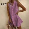 Ruffle Mini Skirt Dress Summer for Women, Sleeveless V Neck Cotton Sundress Beach Vacation Linen Short Dress, Boho Casual A-Line Women