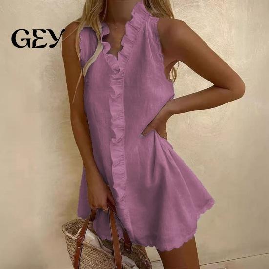 Ruffle Mini Skirt Dress Summer for Women, Sleeveless V Neck Cotton Sundress Beach Vacation Linen Short Dress, Boho Casual A-Line Women
