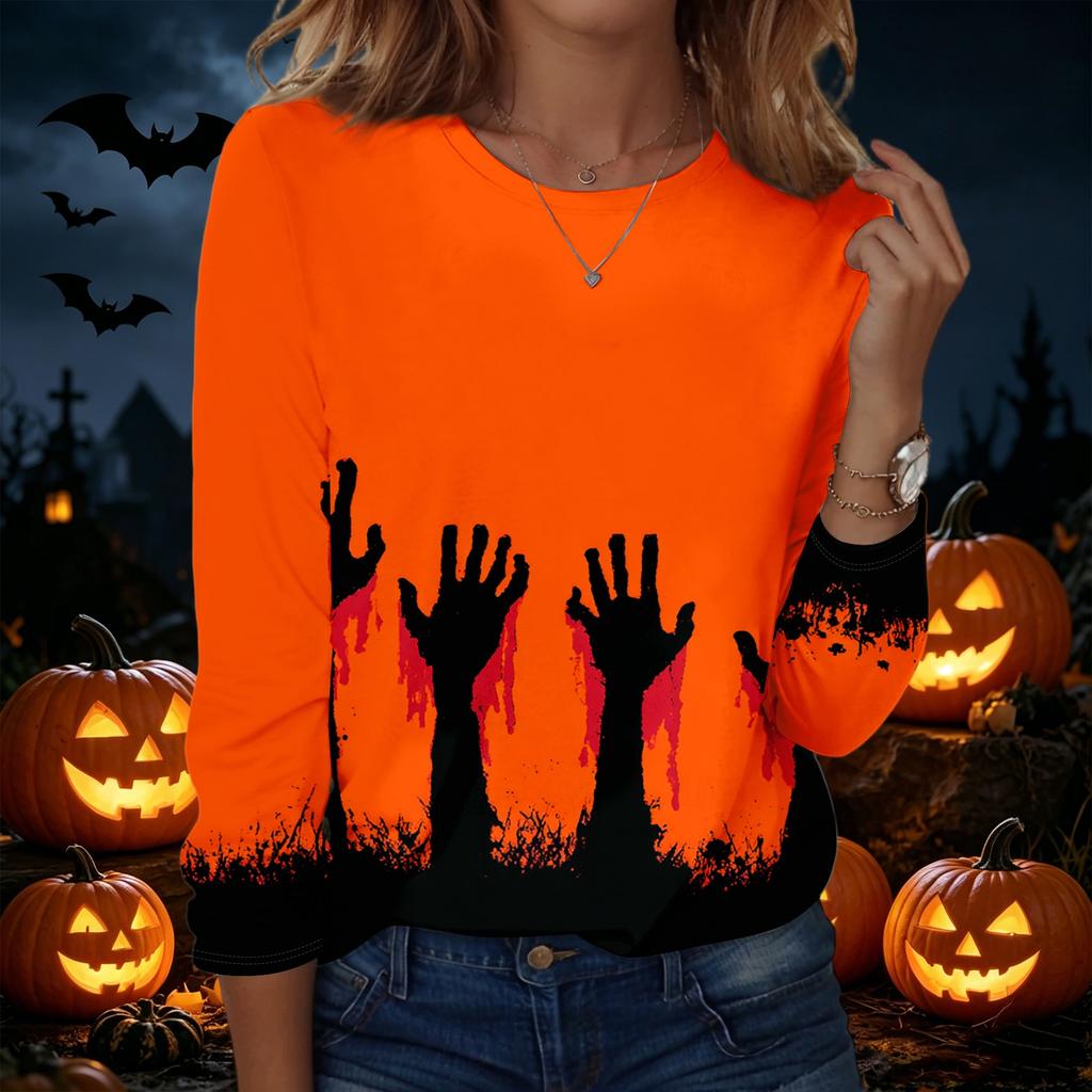 Women's Halloween Printed Pullover Sweatshirt Long Sleeve Crew Neck Casual Top for Fall and Winter Seasonal Wear