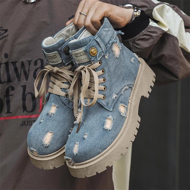 Fashion New 2024 Denim Lace-Up Men Boots Walking Travel Boots Japanese Style Flats Platform Ankle Boots Men Shoes Casual Dress