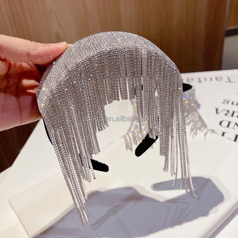 Luxury Long Chain Crystal Hairband Women Hair Accessories Baroque Full Diamond Hair Hoop Sponge Make up Rhinestone Headband