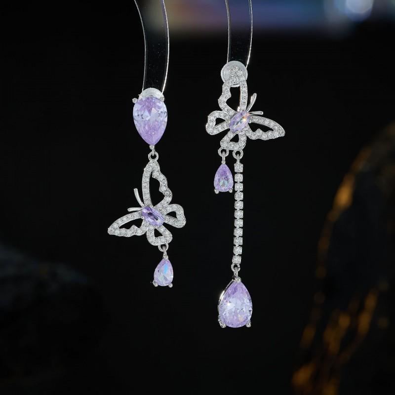 Asymmetrical Butterfly Drop Earrings With Cubic Zirconia Women Sterling Post Lightweight Luxury Jewelry