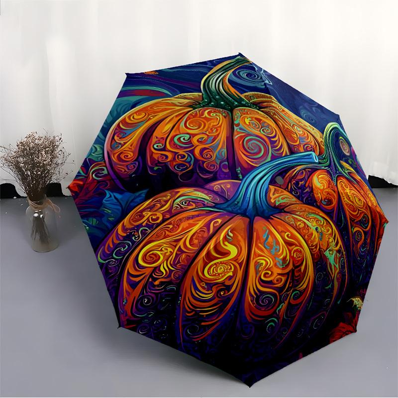 1pc Pumpkin Swirls Automatic Folding Umbrella   Compact 8 Rib Design, Durable Iron Frame for Travel, Outdoor,  a0920078