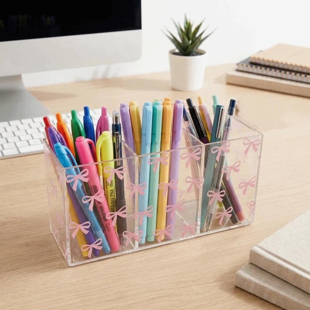 Transparent Makeup Brush Holder 3 Grids Stationery Storage Box Pen Display Case  for Living Room
