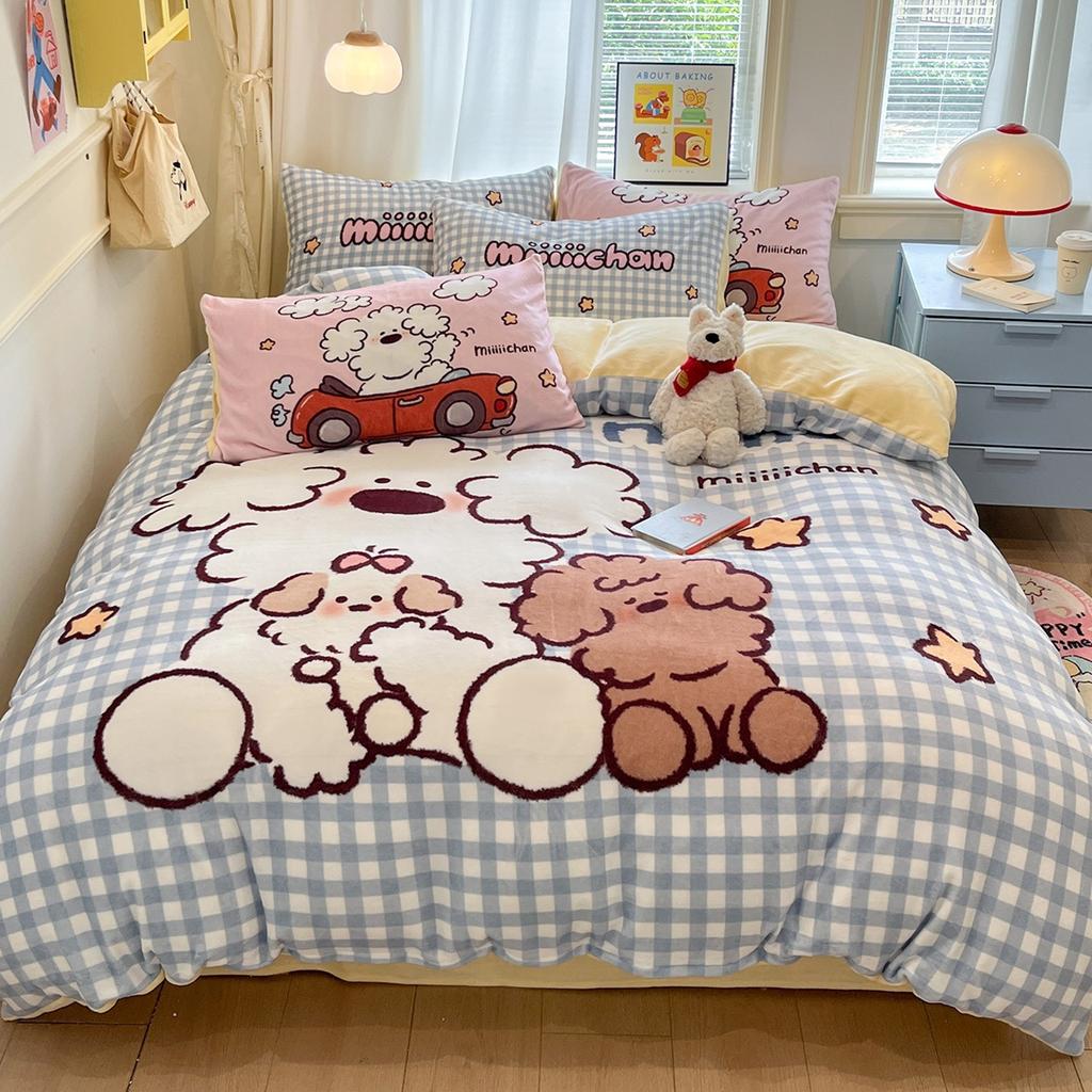 Thickened Milk Fleece Bed Four-Piece Set Coral Flannel Quilt Cover Children'S Bedding Sheets Three-Piece Set