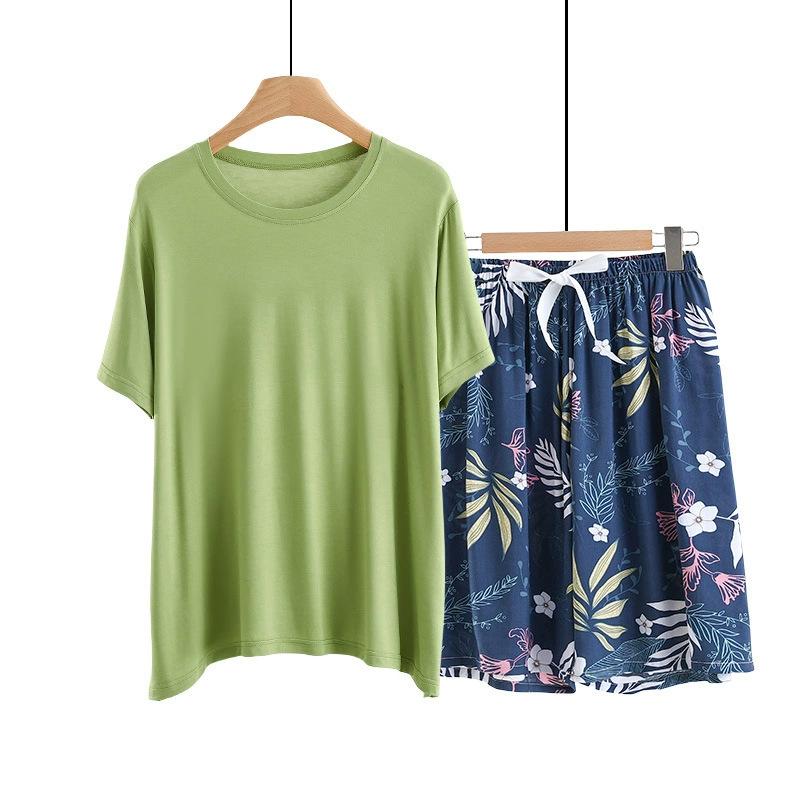 Summer Solid color Tshirts and Print shorts Simple Homewear O-Neck Loose Tshirts and Poplin short pants Casual sleepwear suits