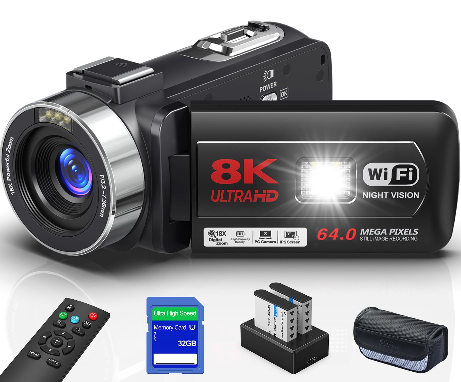 

8K 64MP YouTube Video Camera with 18x Digital IR Night Vlogging 32GB SD Two Japanese System Instruction Manual Zoom, Wi-Fi, Vision, 3.0-inch